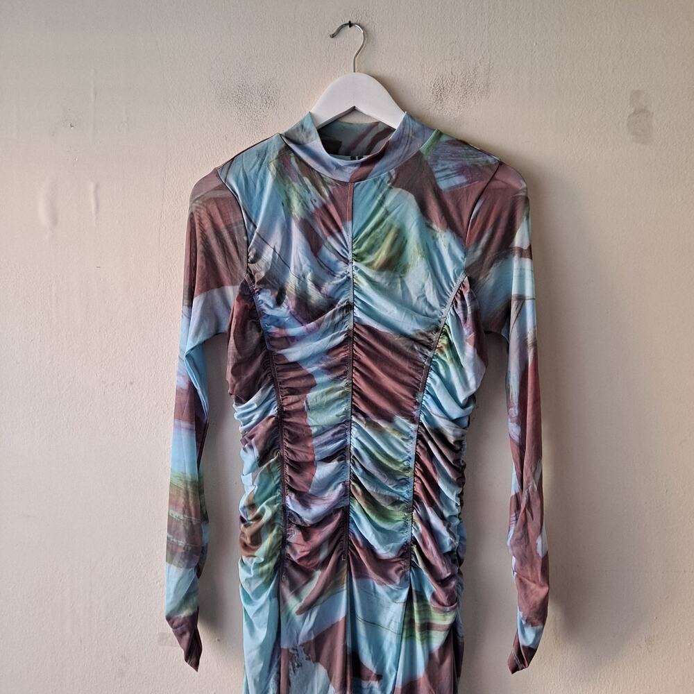 Anthropologie Printed Mesh Dress Long Sleeve Midi Bodycon Blue Brown Size M NWT - Picture 6 of 13